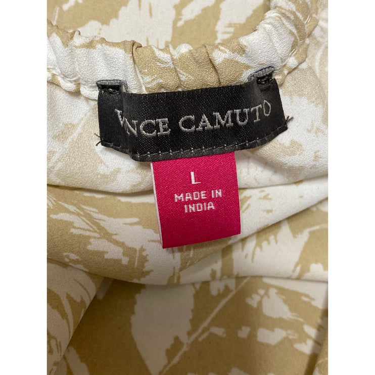 Vince Camuto Beige White Leaf Long Sleeve Scoop Neck Shirt Blouse Top Size L