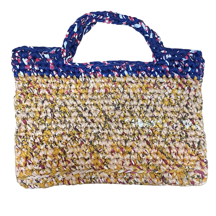 Women's Yellow Blue Handcrafted Crochet Fabric Strips Tote Bag Handbag Size OS
