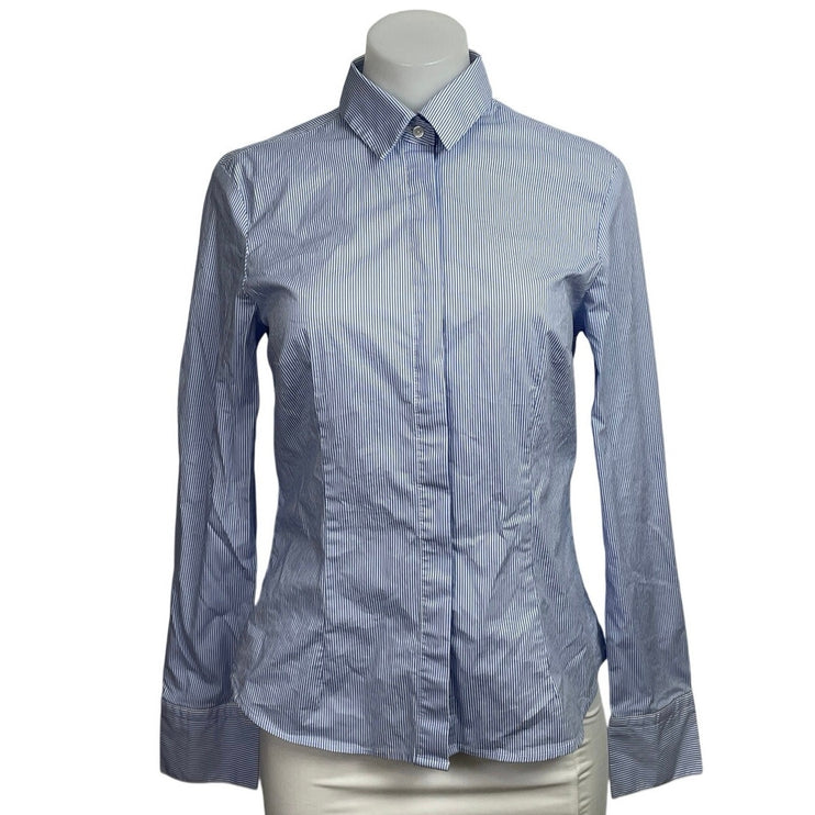 MNG Mango Women's Blue Slim Fit Stripe Long Sleeve Button Down Shirt Top Size 4