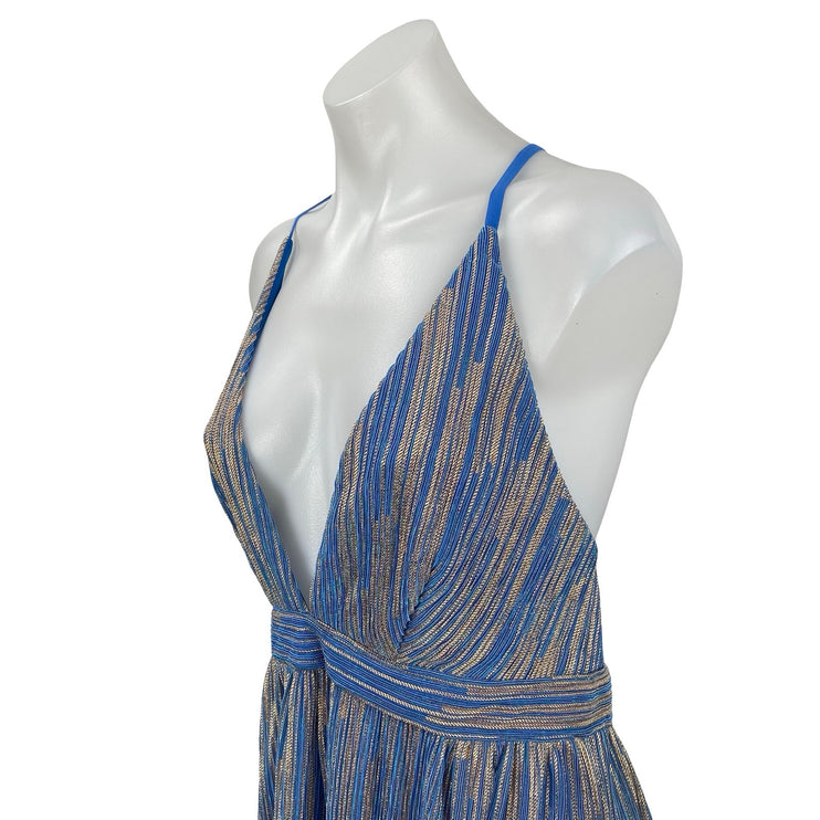 Fashion Nova Goddess Vibes Blue Metallic Mesh Sleeveless Maxi A-Line Dress Sz M