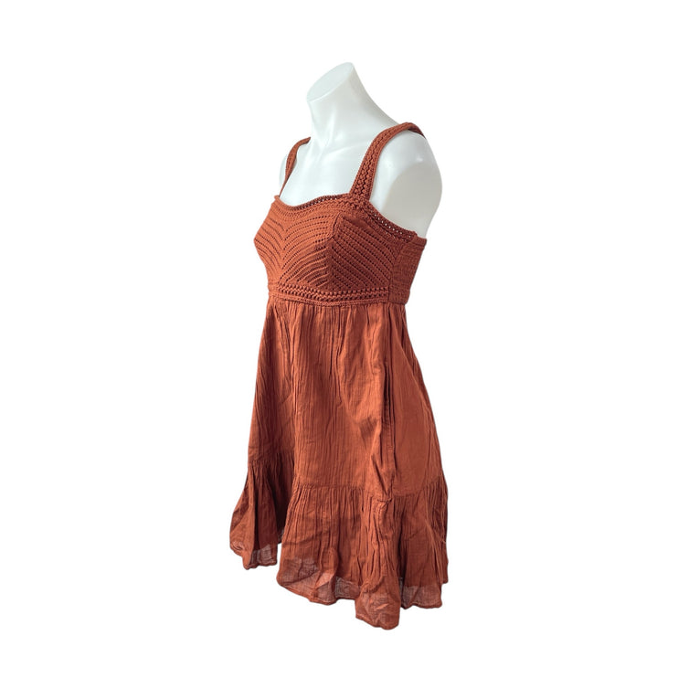 NEW Gap Brown Sleeveless Smocked Crochet Knit Cami Tiered A Line Mini Dress XS