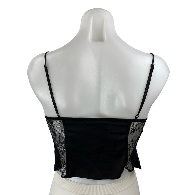 Guizio Lace Tie Womens Black Satin Floral Sheer Mesh Sleeveless Cami Tank Top XS