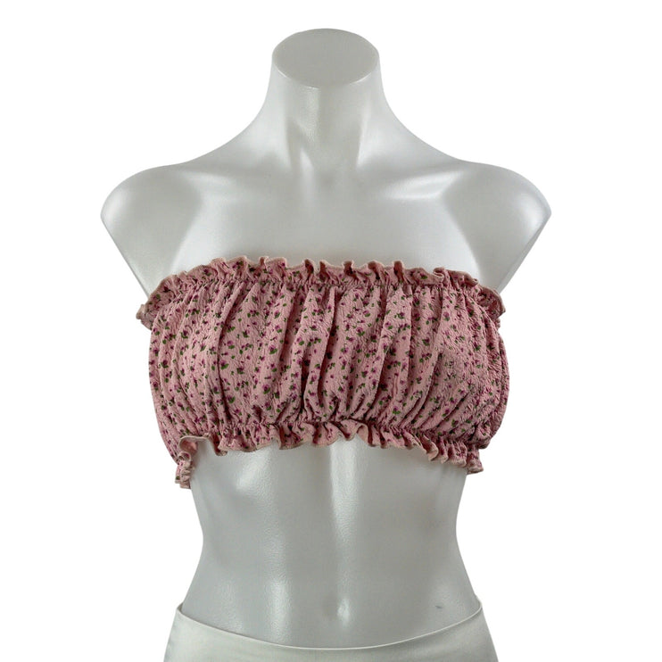 Something Navy Pink Floral Strapless Ruffle Lace Up Tube Bandeau Crop Top Size M