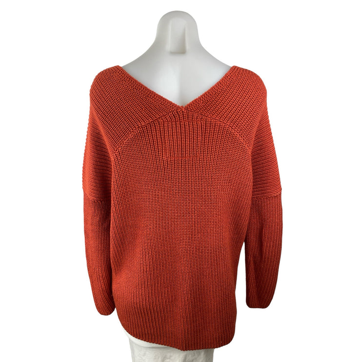 Super Dry Women's Rust Coral Ribbed Knit V Neck Long Sleeve Sweater Top Size 8