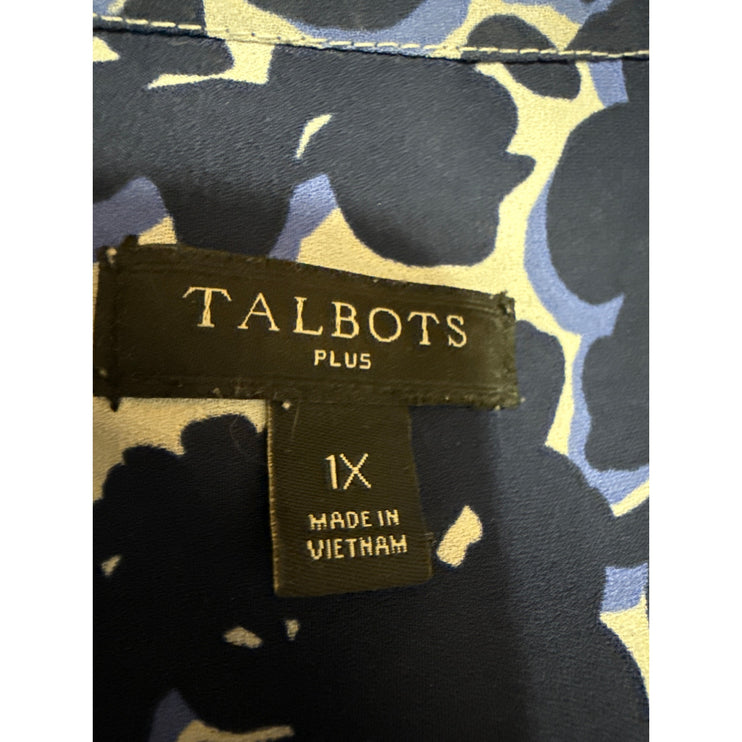 Talbots Women's Navy Blue Floral Half Sleeve Notch Neck Shirt Blouse Top Size XL