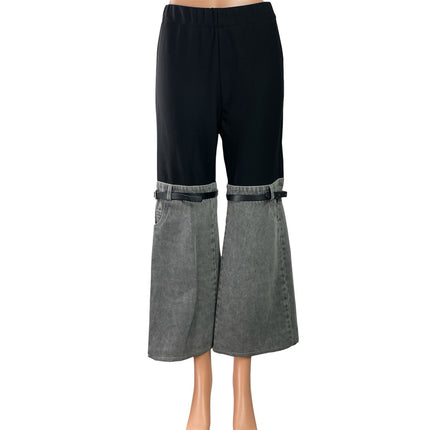 Women's Black Gray Belted Color Block High Rise Wide Leg Denim Trousers Pants XS