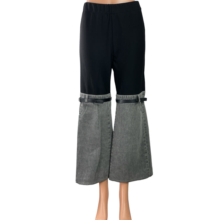 Women's Black Gray Belted Color Block High Rise Wide Leg Denim Trousers Pants XS