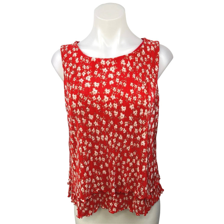 Banana Republic Red White Pleated Floral Sleeveless Boat Neck Blouse Top Size XS