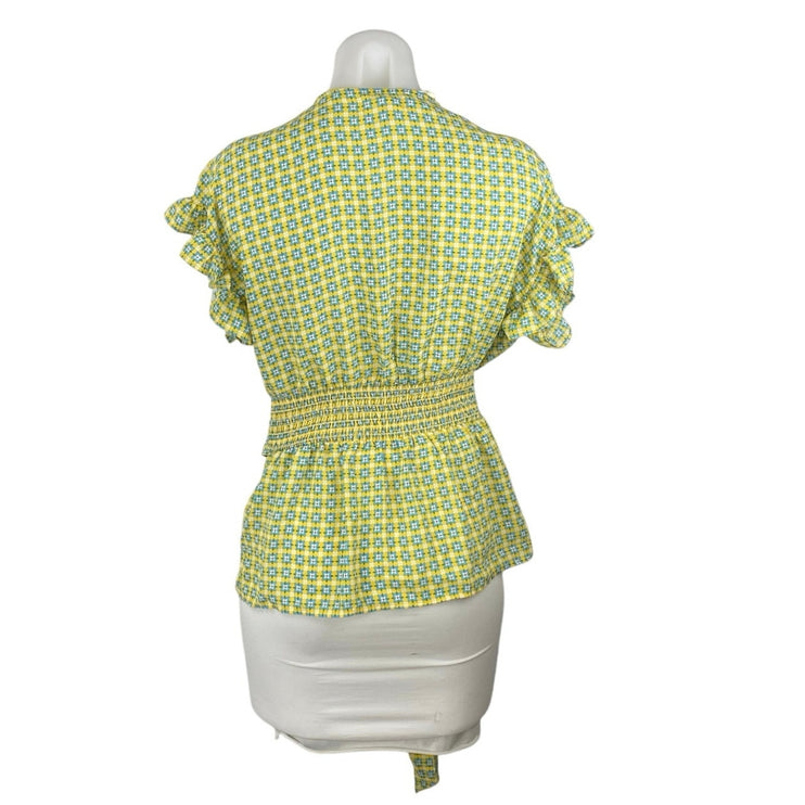 NEW Max Studio Green Multicolor V-neck Ruffle Sleeve Tie Belted Blouse Top Sz S