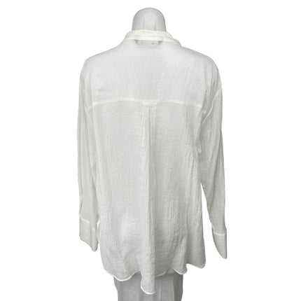 Zara White Button Down V-neck Long Sleeve Pockets Tunic Shirt Blouse Top Size L