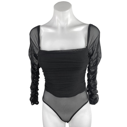 Princess Polly Delany Black Long Sleeve Ruched Square Neck Sheer Bodysuit Top 4