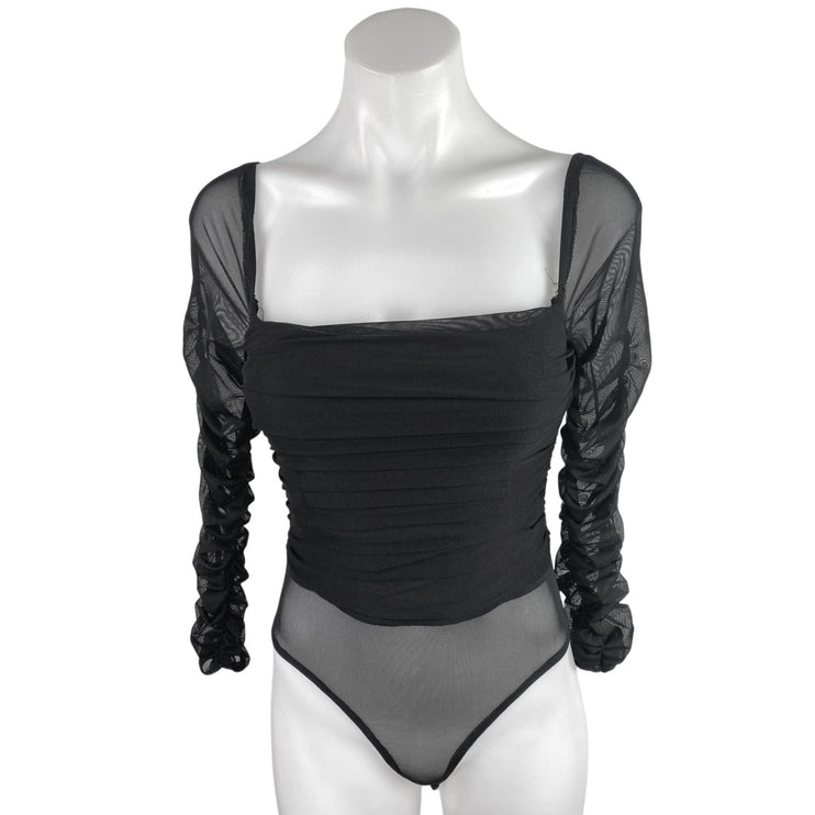 Princess Polly Delany Black Long Sleeve Ruched Square Neck Sheer Bodysuit Top 4