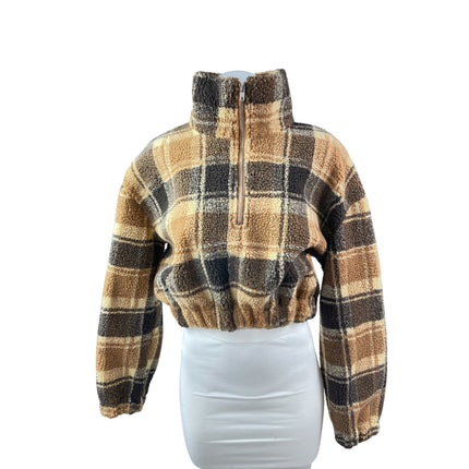 Zaful Beige Plaid Faux Sherpa Fleece Turtleneck Half Zip Cropped Sweater Top M