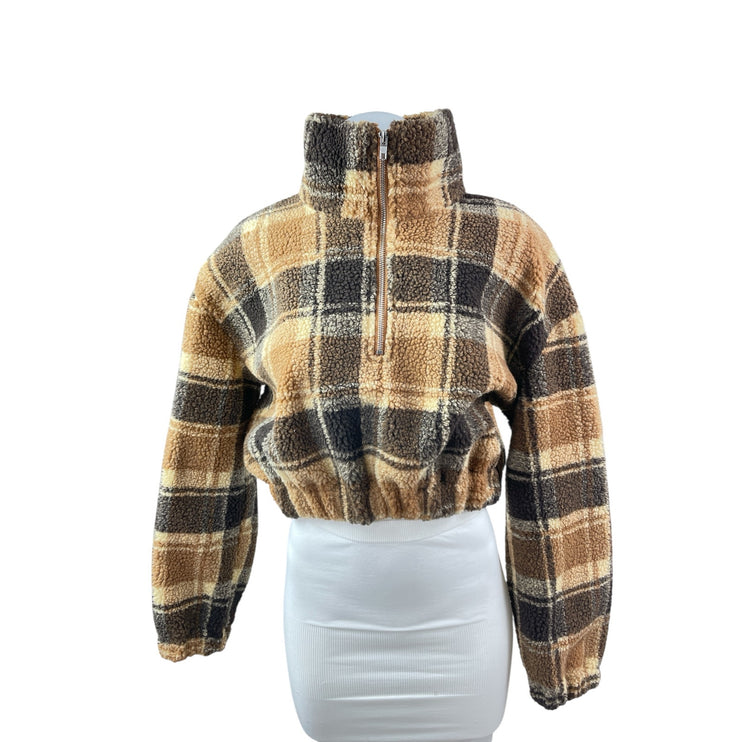 Zaful Beige Plaid Faux Sherpa Fleece Turtleneck Half Zip Cropped Sweater Top M