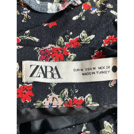 Zara Black Red Floral High Waisted Button Ruffle Tiered A Line Mini Skirt Size M