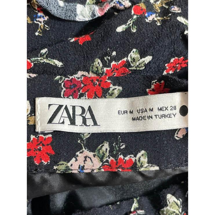 Zara Black Red Floral High Waisted Button Ruffle Tiered A Line Mini Skirt Size M