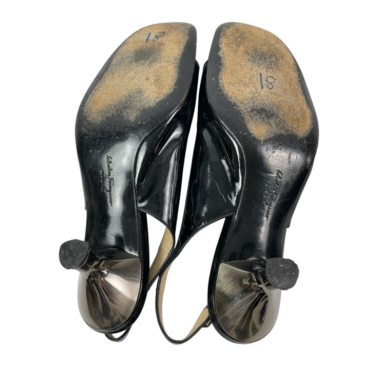 Salvatore Ferragamo Black Leather Open Toe Kitten Heels Slingback Sandals Sz 6.5