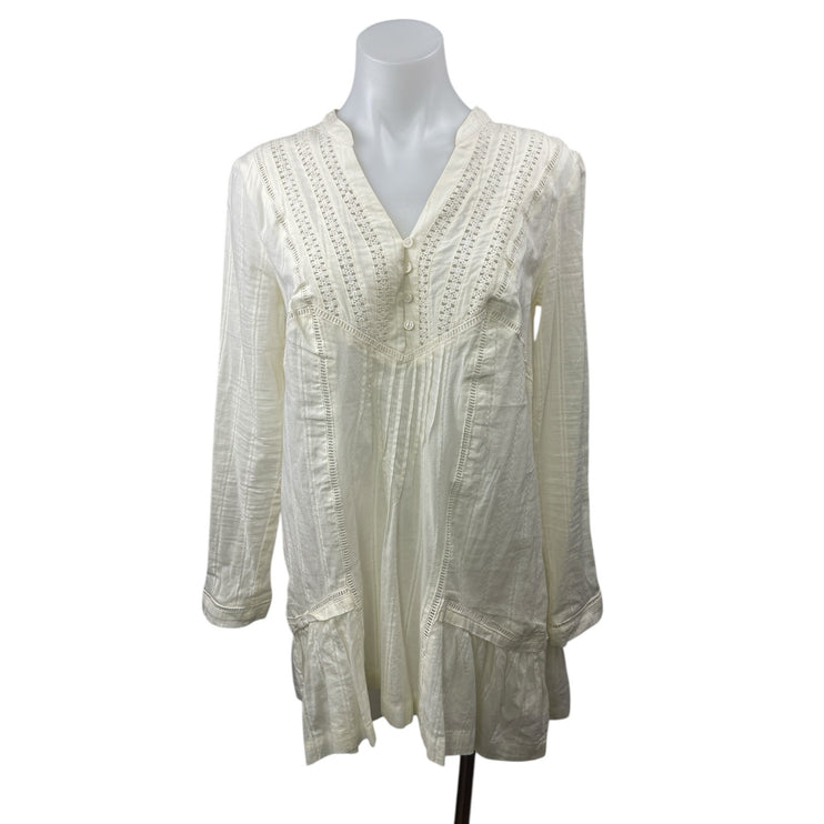 Free People Women's White Lace Pleated Long Sleeve Mini Tunic Shift Dress Sz XS