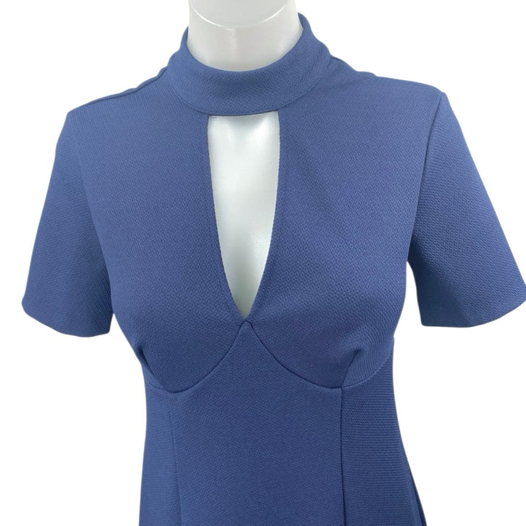 Trina Turk Camari Blue Short Sleeve Choker V-Neck Cutout Mini Sheath Dress Sz S