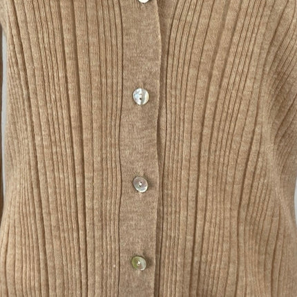 Zara Tan Ribbed Knit Long Sleeve V Neck Button Down Cardigan Sweater Top Size L