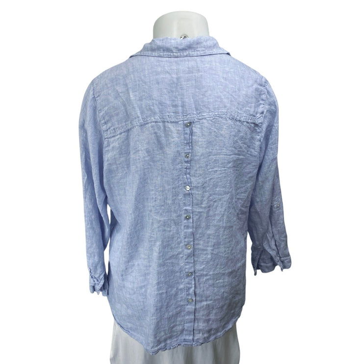 Tahari 100% Linen Women's Blue Chambray Long Sleeve Collar Shirt Blouse Top 1X