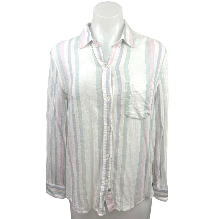 Rails White Multicolor Metallic Striped Linen Pocket Button Down Shirt Top Sz XS