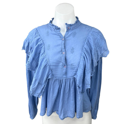 Zara Blue Eyelet Embroidered Ruffle Frill Peplum Long Sleeve Blouse Shirt Top M