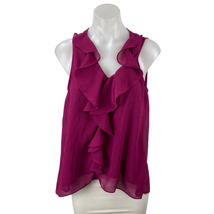 41 Hawthrorn Pink Purple Sleeveless Ruffle V Neck Tank Mesh Sheer Blouse Top M