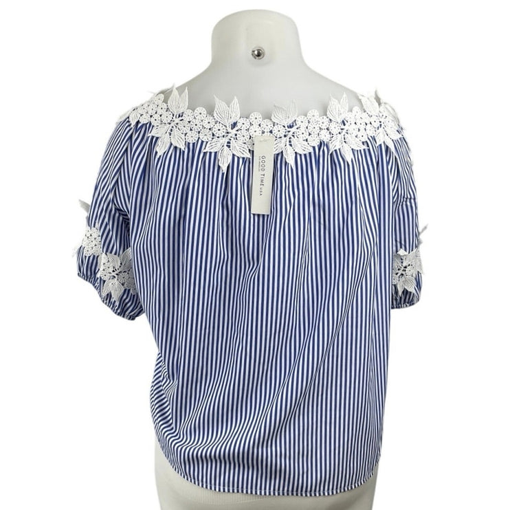 NEW Good Times Blue White Striped Floral Short Puff Sleeve Blouse Top Sz 1X/2X