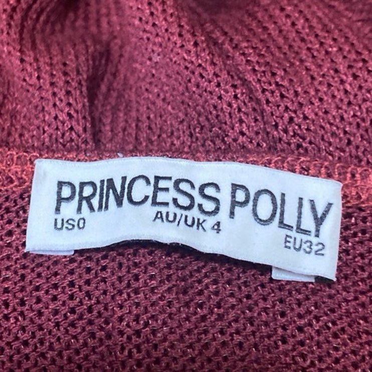 Princess Polly Pratt Red Long Sleeve Knit Sheer Asymmetric Hem Crop Top Size 0