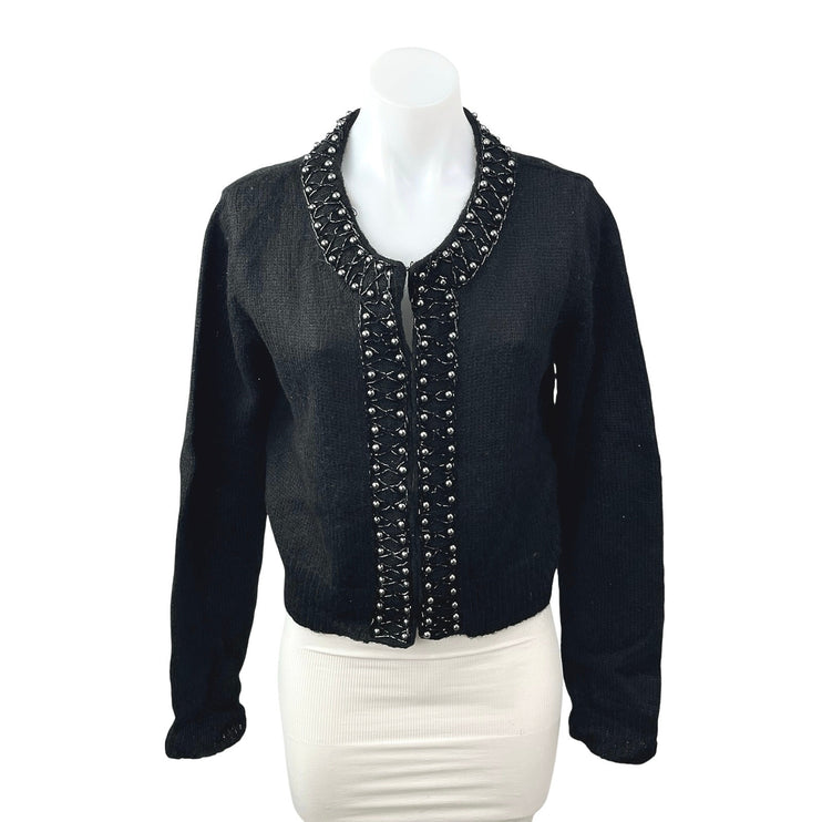 H&M Women's Black Wool Beaded Long Sleeve Crop Bolero Cardigan Sweater Top Sz L