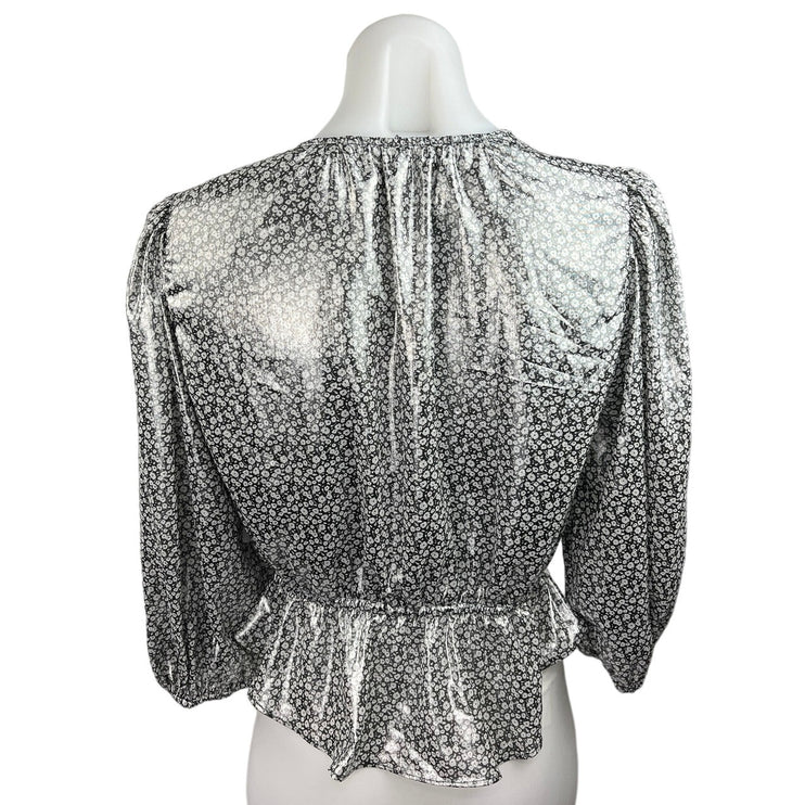 Free People Small Talk That Talk Silver Metallic Floral Peplum Blouse Top Sz XS