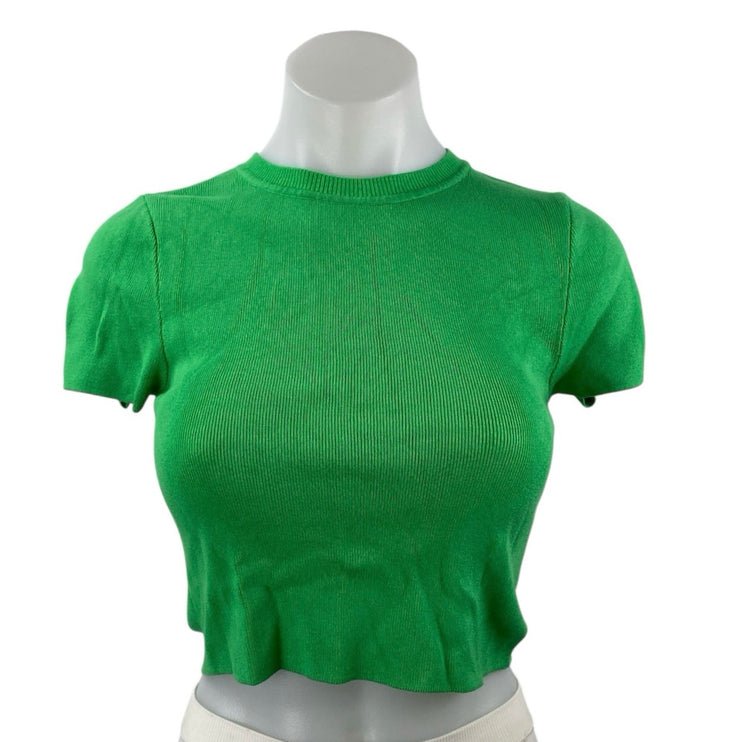Zara Women's Green Rib Knit Crewneck Short Sleeve Crop Tee T-shirt Top Size M