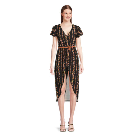 No Boundaries Walk Thru Black Short Sleeve Floral High Low V Neck Romper Dress