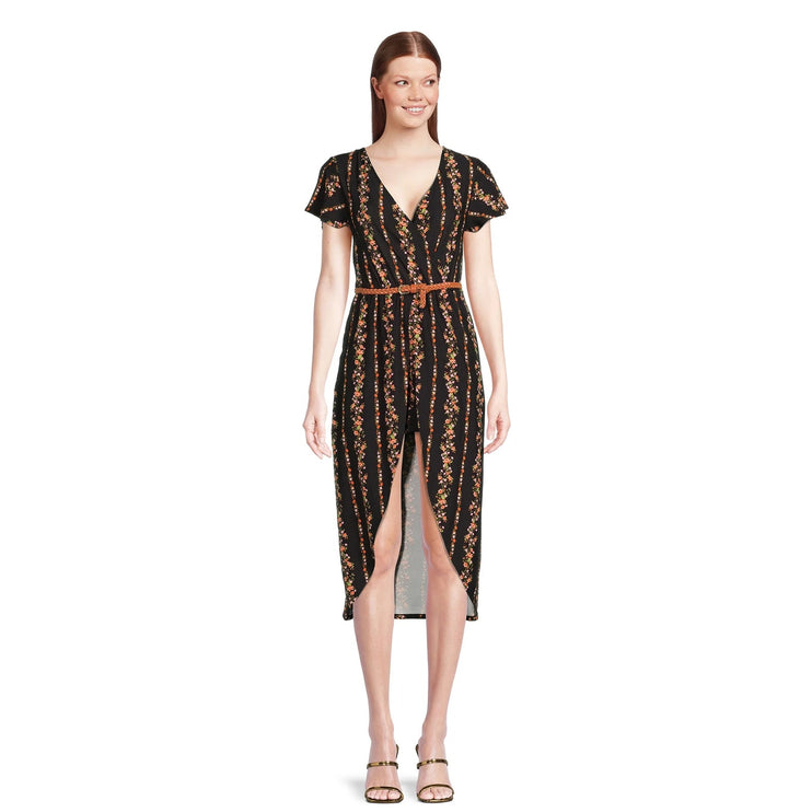 No Boundaries Walk Thru Black Short Sleeve Floral High Low V Neck Romper Dress