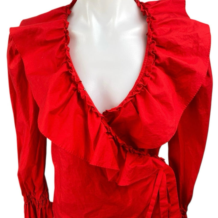 Rachel Parcell Red Long Sleeve Ruffle V Neck Peplum Wrap Blouse Top Size XS