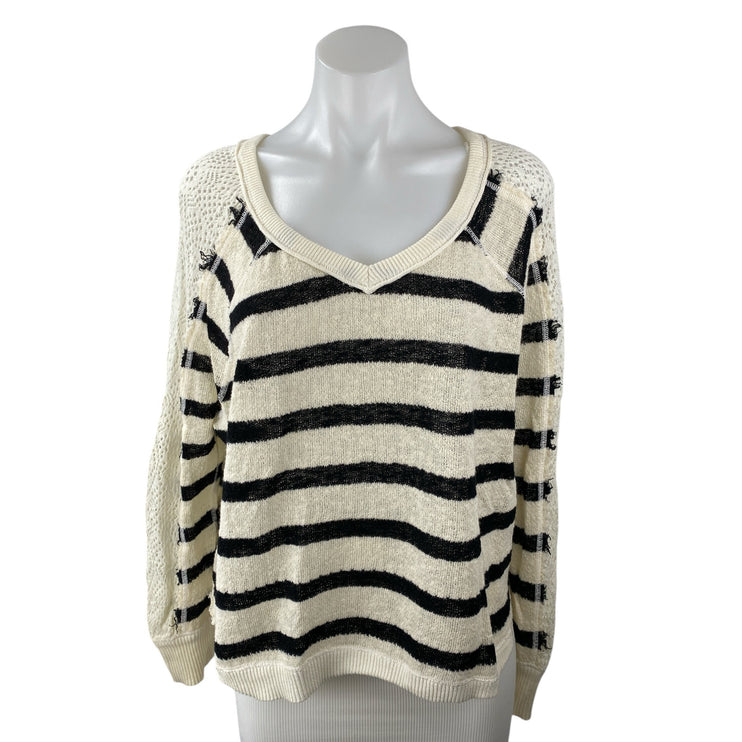 Free People Women's White Black Striped Crochet Long Sleeve Knit Sweater Top S