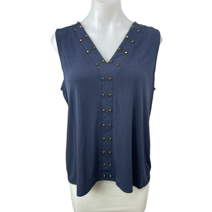 Michael Kors Navy Blue Gold Studded Sleeveless V Neck Tank Blouse Top Size L