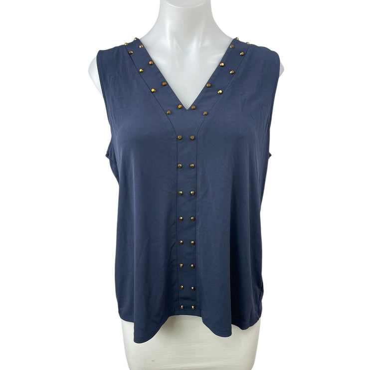 Michael Kors Navy Blue Gold Studded Sleeveless V Neck Tank Blouse Top Size L