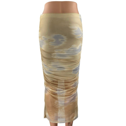 Zara Beige Khaki Tie Dye Tulle Ruched Draped Cinched Pencil Midi Skirt Size S