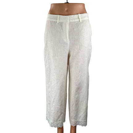 NEW Zara Women's White Floral Embroidered Lace Hem Wide Leg Trousers Pants Sz M