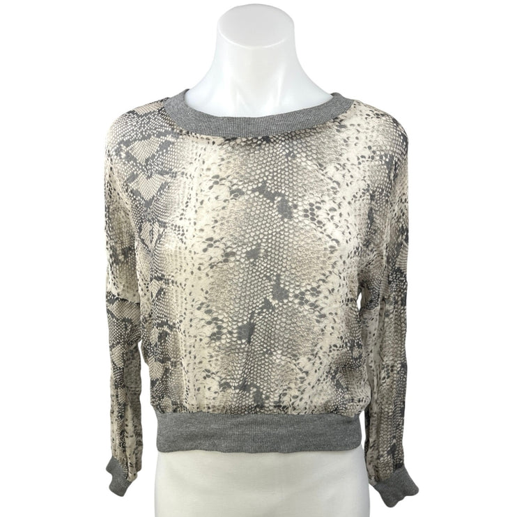 Elizabeth and James Gray Cream 100% Silk Animal Snake Skin Sweatshirt Top Sz XS