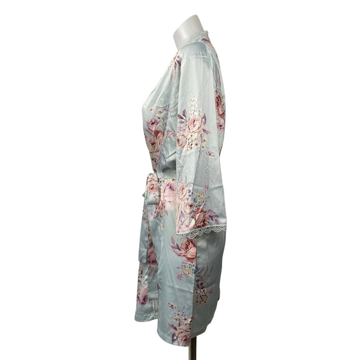 NEW Le Rose Women's Blue Floral Silk Satin Lace Bridal Long Sleeve Robe Size S/M