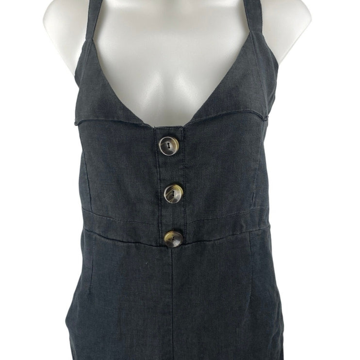 Faithfull The Brand Black Linen Sleeveless Button Front Wide Leg Crop Jumpsuit M