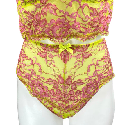 Savage x Fenty Yellow Pink Lace Brallete High Waist Bottom Lingerie 2 Pc Set 1XL