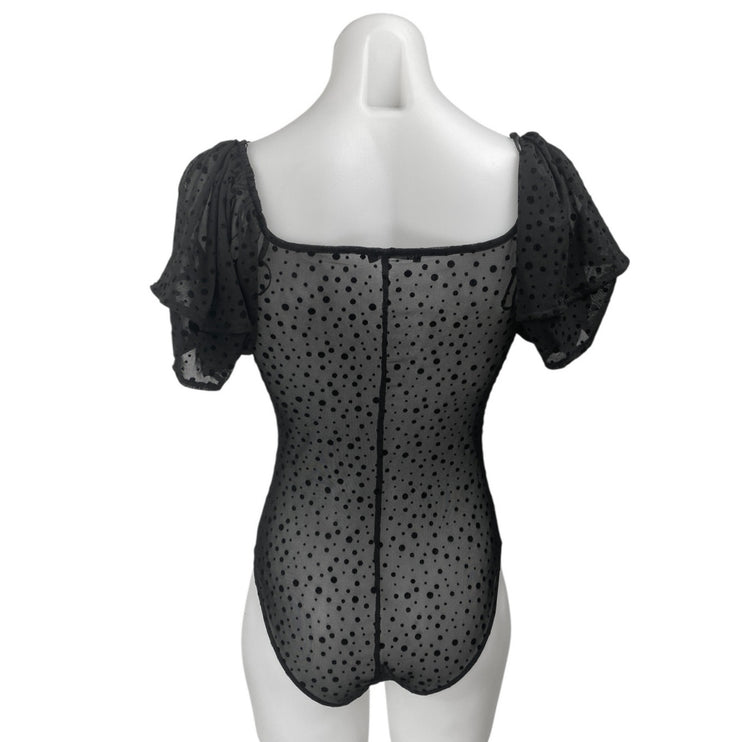 Zara Black Mesh Sheer Short Puff Sleeve Polka Dots Blouse Bodysuit Top Size M