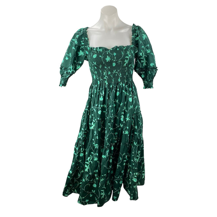 Hill House Nesli Green Botanical Smocked Tiered Midi Nap Flare A-Line Dress XXS