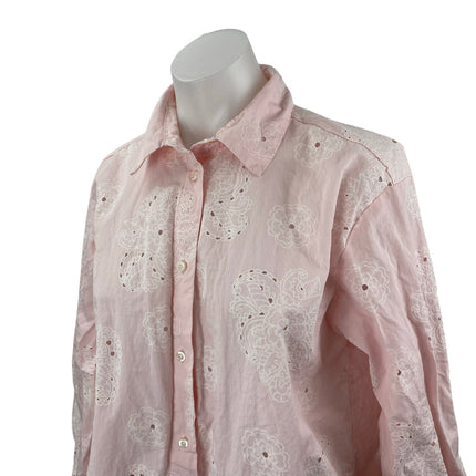Zara Embroidery Hollow Out Pink Floral Eyelet Long Sleeve Button Up Blouse Top M