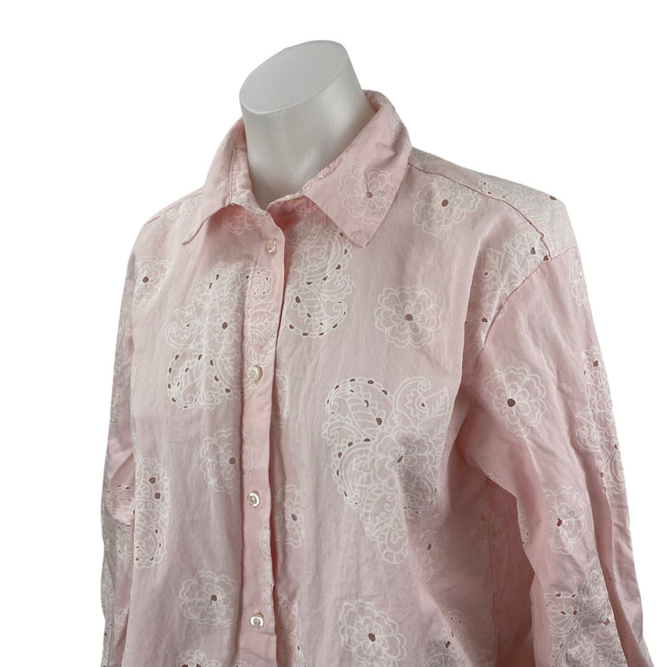 Zara Embroidery Hollow Out Pink Floral Eyelet Long Sleeve Button Up Blouse Top M