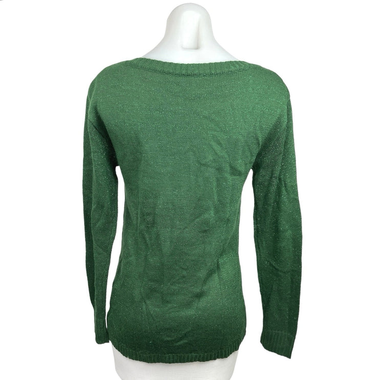 Womens Green Reindeer Christmas Holiday Winter Long Sleeve Pullover Sweater XS